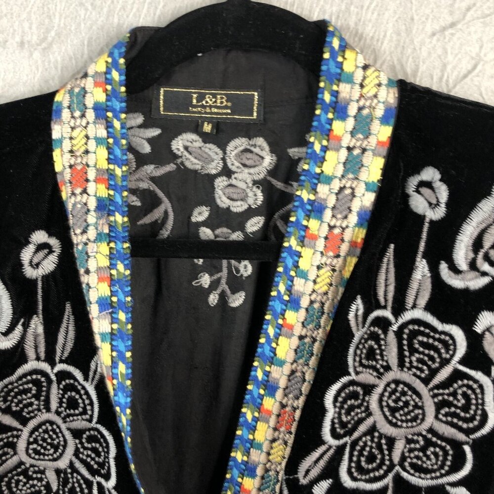 Velvet Cardigan Womens Medium Black Boho Art to Wear L&B Embroidered Statement - Picture 2 of 16